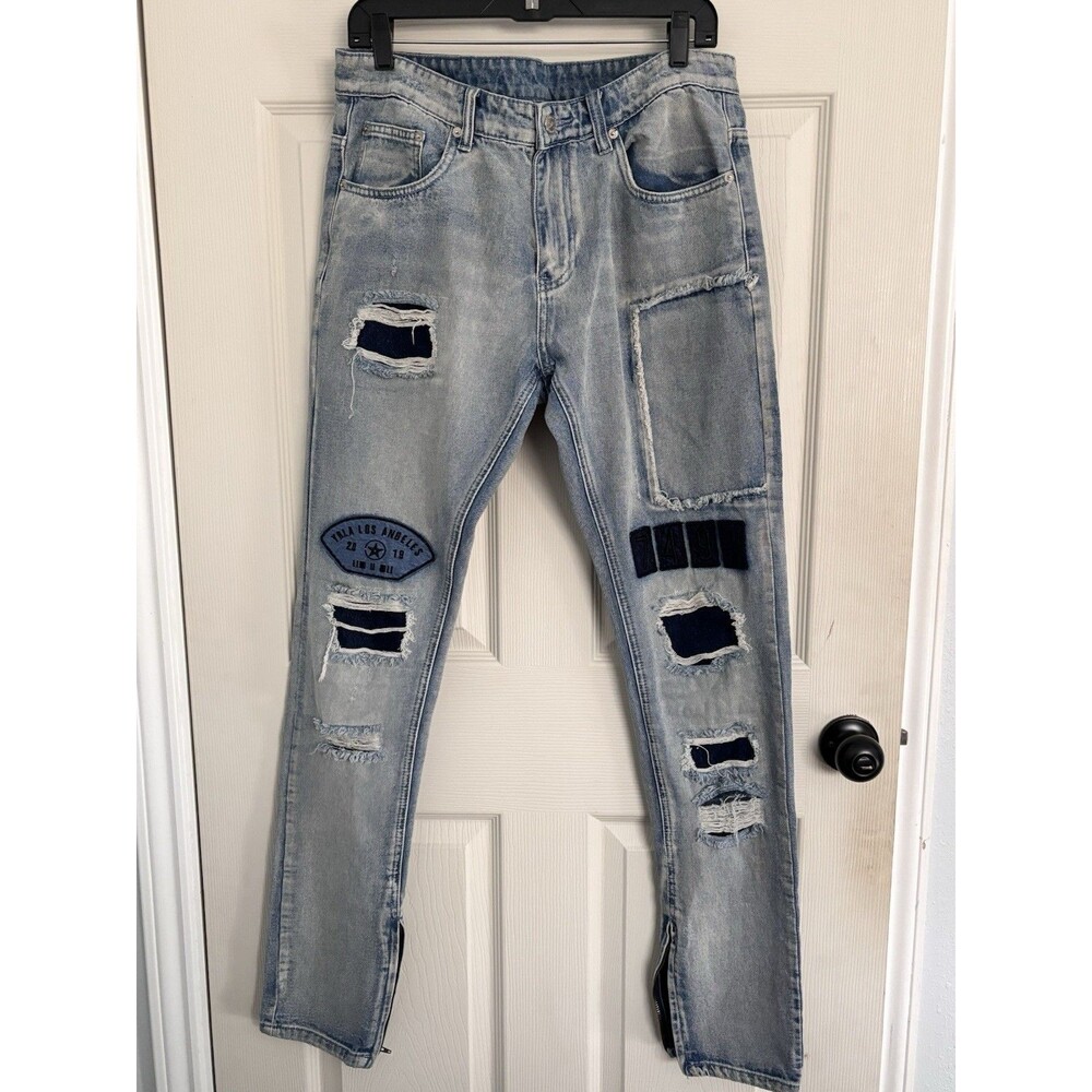 Young &‎ Reckless 33 Distressed Patch Jeans LA Streetwear Ankle Zip Y2K